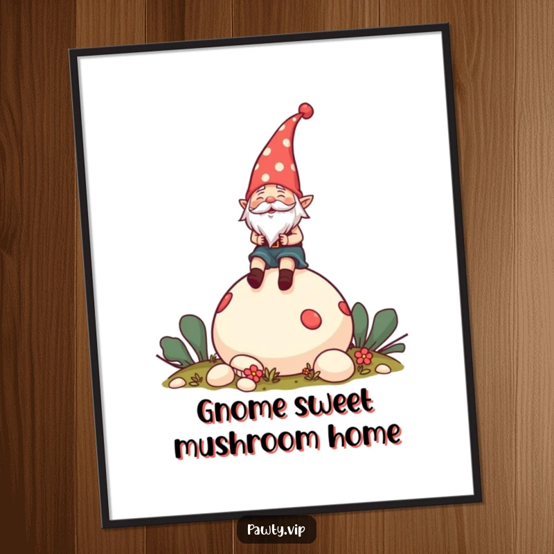 Funny Poster showcasing a cheerful gnome wearing a party hat, riding a large mushroom, set against a whimsical background.
