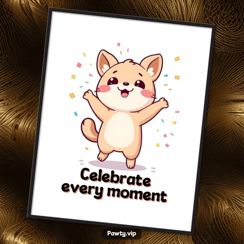 Funny kawaii animal character dancing energetically with confetti falling around, depicted on a funny poster.