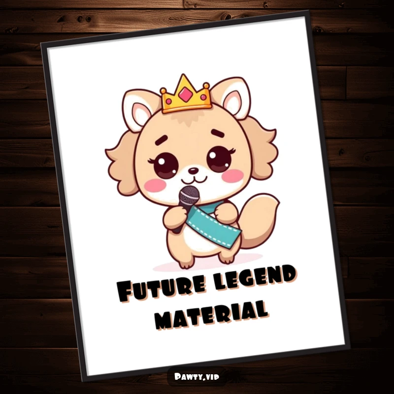 Funny kawaii animal singer character with crown and sash, holding a microphone, depicted on a funny poster.