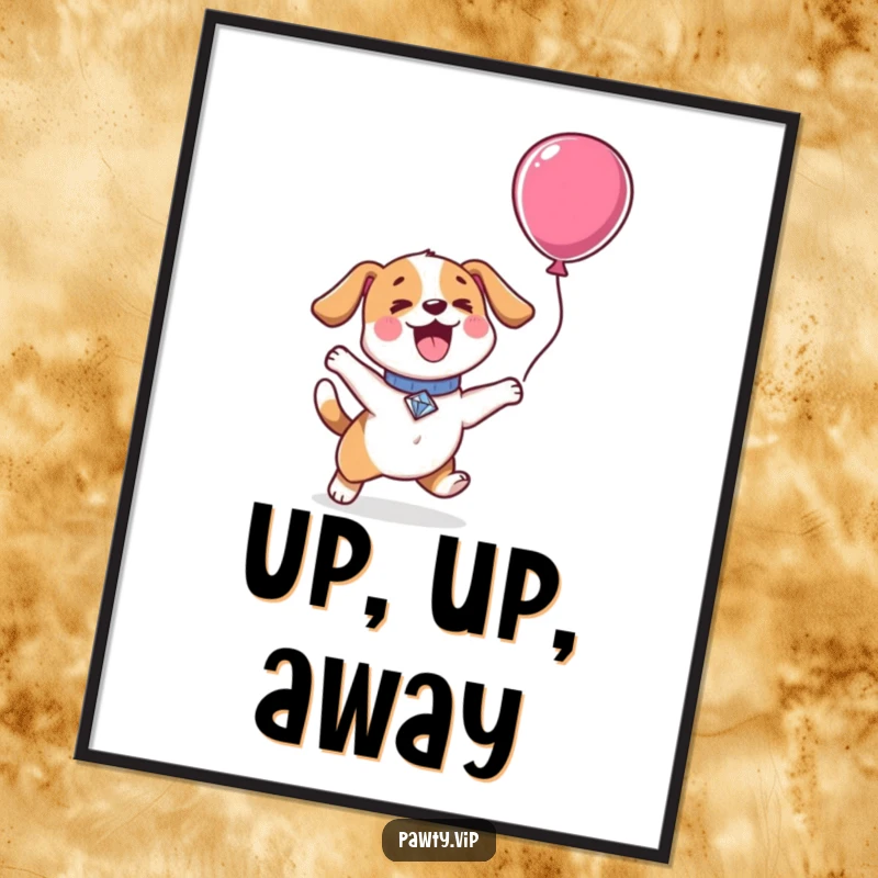 Funny Kawaii dog character with a diamond collar, excitedly jumping for a balloon, displayed as a colorful wall poster.