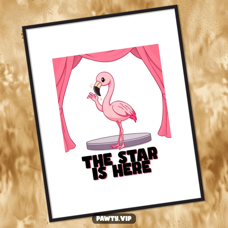 Funny Kawaii flamingo character in a dramatic, pose on a small stage, featured on a vibrant poster.