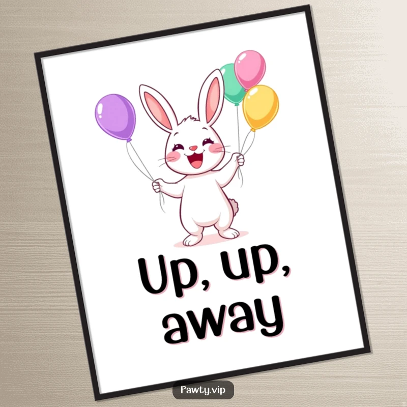 Funny Kawaii rabbit juggling many colorful balloons with a wide grin on a poster, ideal for party decor.