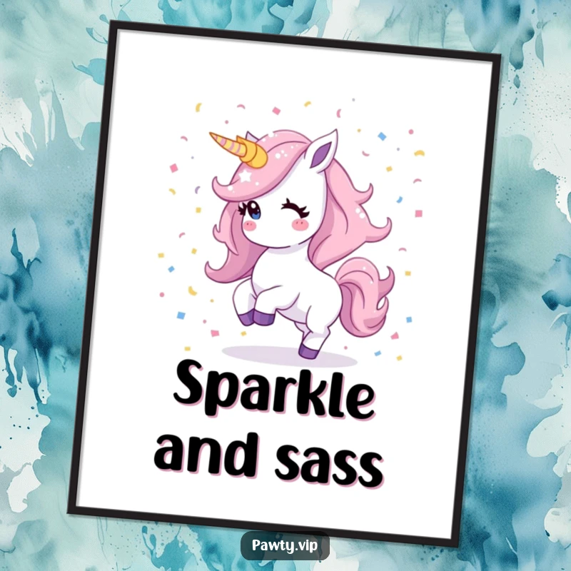 Funny Kawaii unicorn poster print depicting a shimmering mane dancing dynamically within a festive confetti background, ideal for magical wall art.