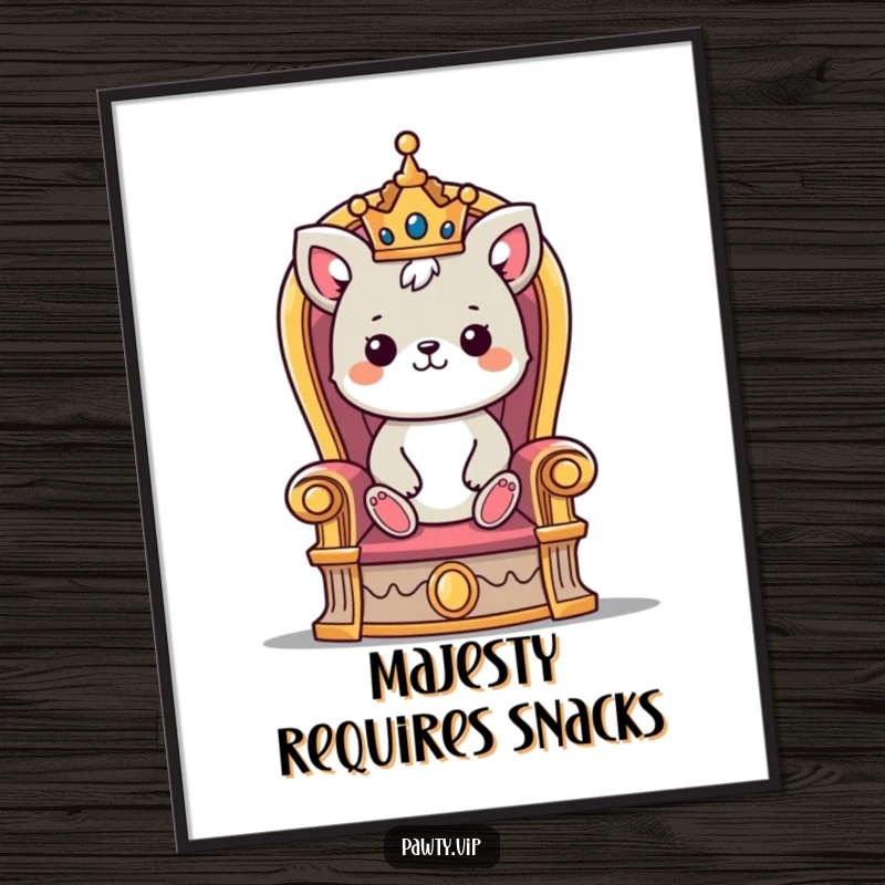 Funny poster print of a cute animal character wearing a tiny crown, seated majestically on an ornate throne.