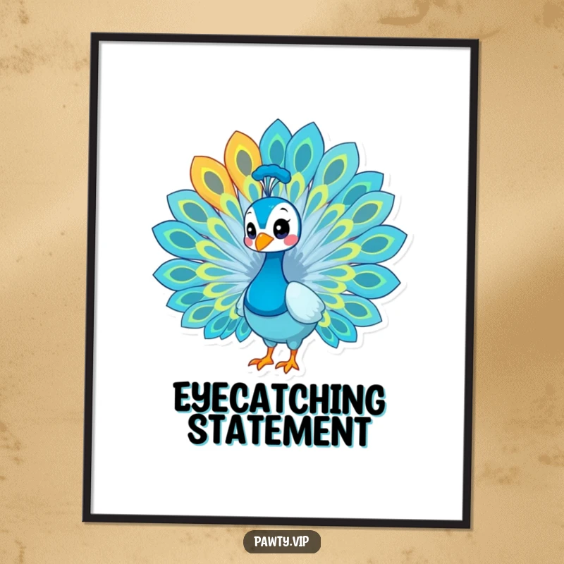 Funny peacock poster, a proud peacock fanning its magnificent, colorful tail feathers, vibrant wall art.