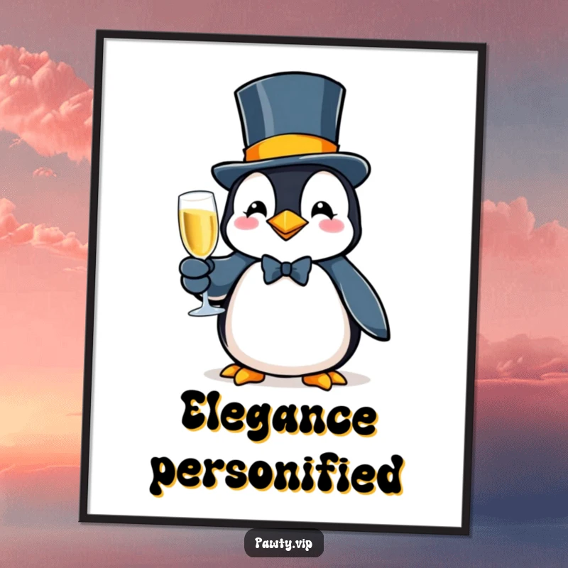 Fancy penguin character in a top hat, holding a glass of bubbly, a sophisticated and humorous art print.