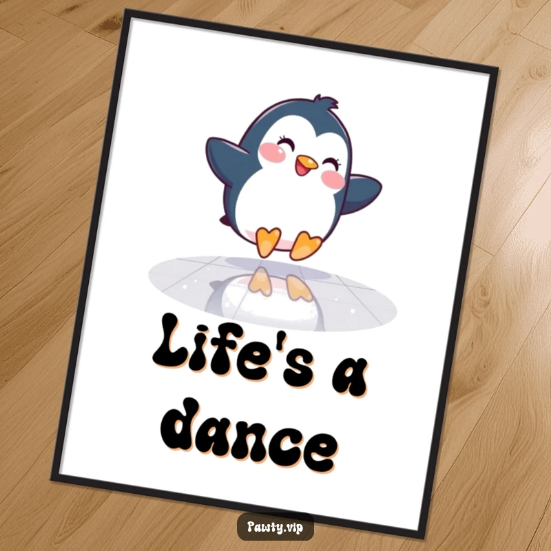 Funny Penguin Poster: A happy penguin slides across a mirrored dance floor, creating a humorous and groovy visual for your space.