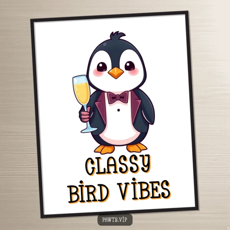 Funny penguin poster, a penguin in a tiny tuxedo with a champagne flute, sophisticated wall art.