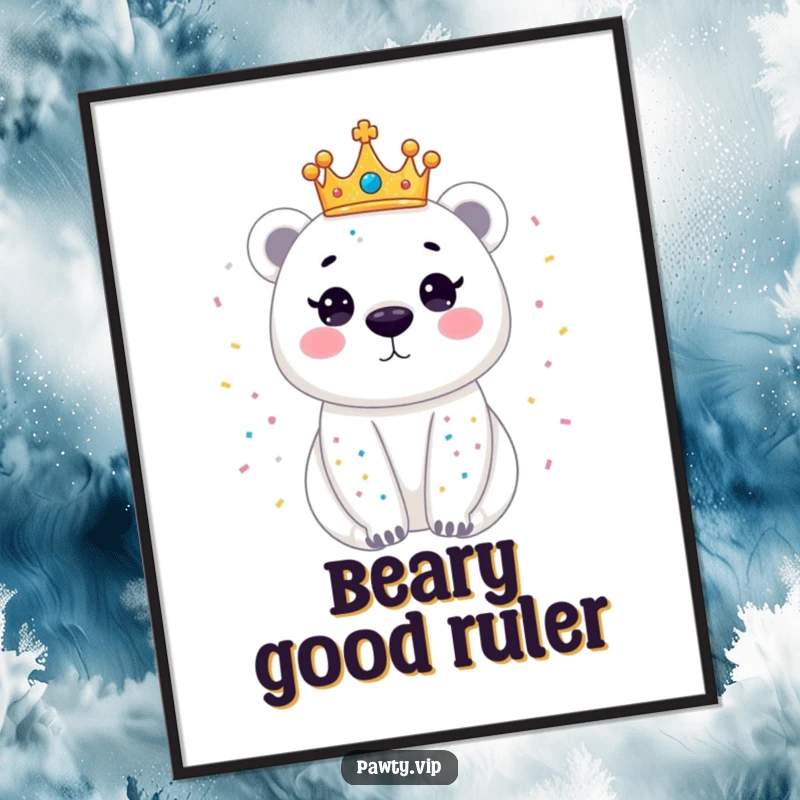 Funny poster of a dazzling polar bear wearing a tiny crown, covered in sparkling confetti, creating a festive and regal visual delight.
