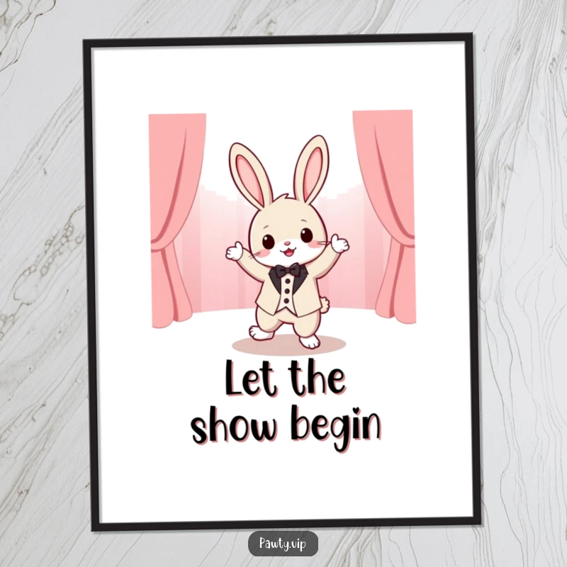 Funny tuxedo rabbit character dancing enthusiastically on a stage, captured in a vibrant poster perfect for adding humorous wall decor.