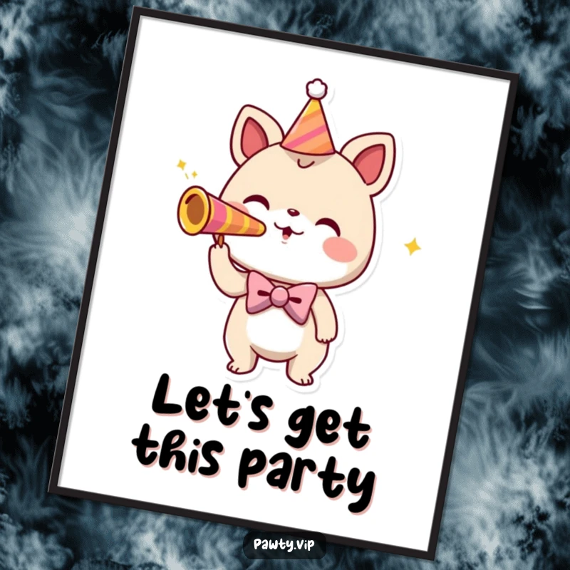 Funny poster art of a playful creature wearing a bowtie, excitedly blowing a party horn amid confetti.