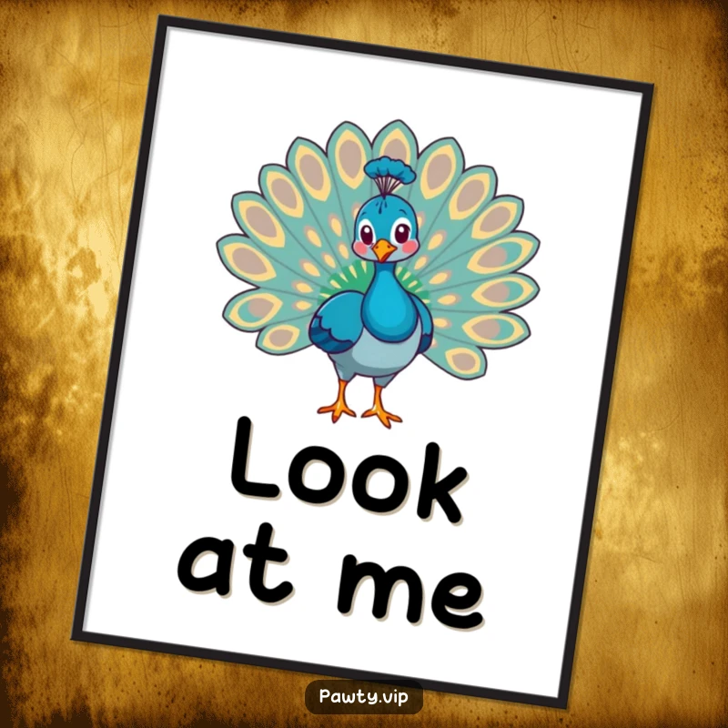 Funny peacock animal fanning out its impressive tail feathers with a proud expression, a bold art print.