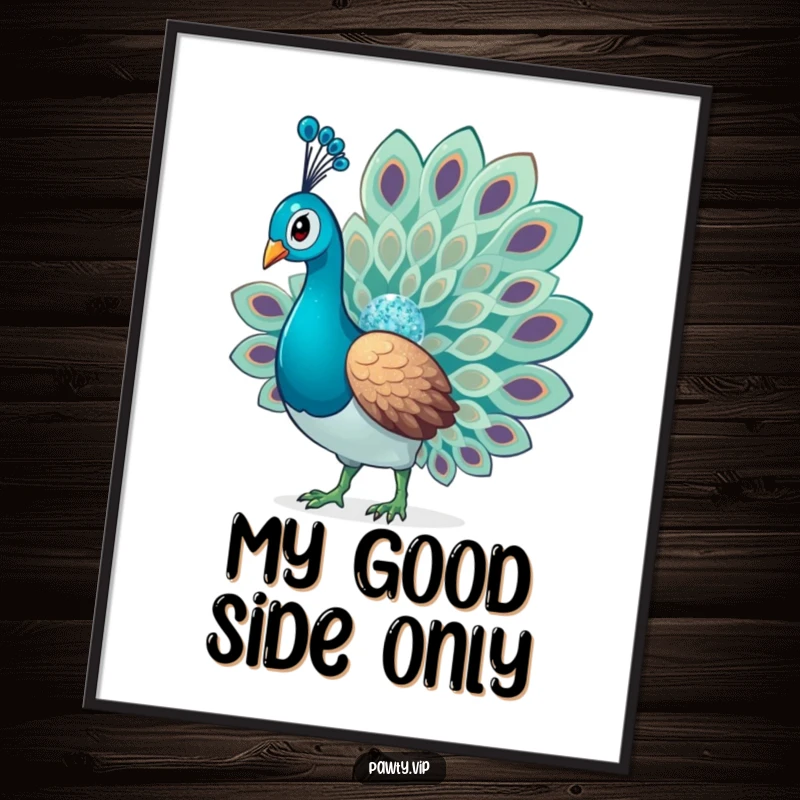 Funny Glitter Peacock Poster showcasing a glamorous peacock with its tail feathers fanned out, adorned with sparkling glitter details.