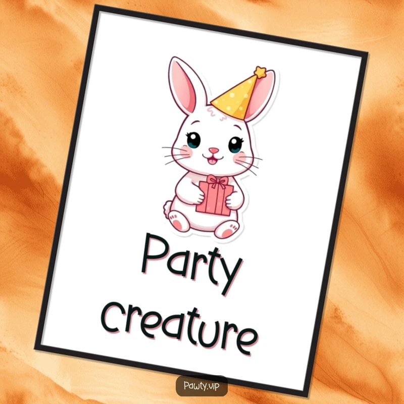 Funny rabbit artwork with a party hat and gift box, adding humorous birthday cheer to decor.