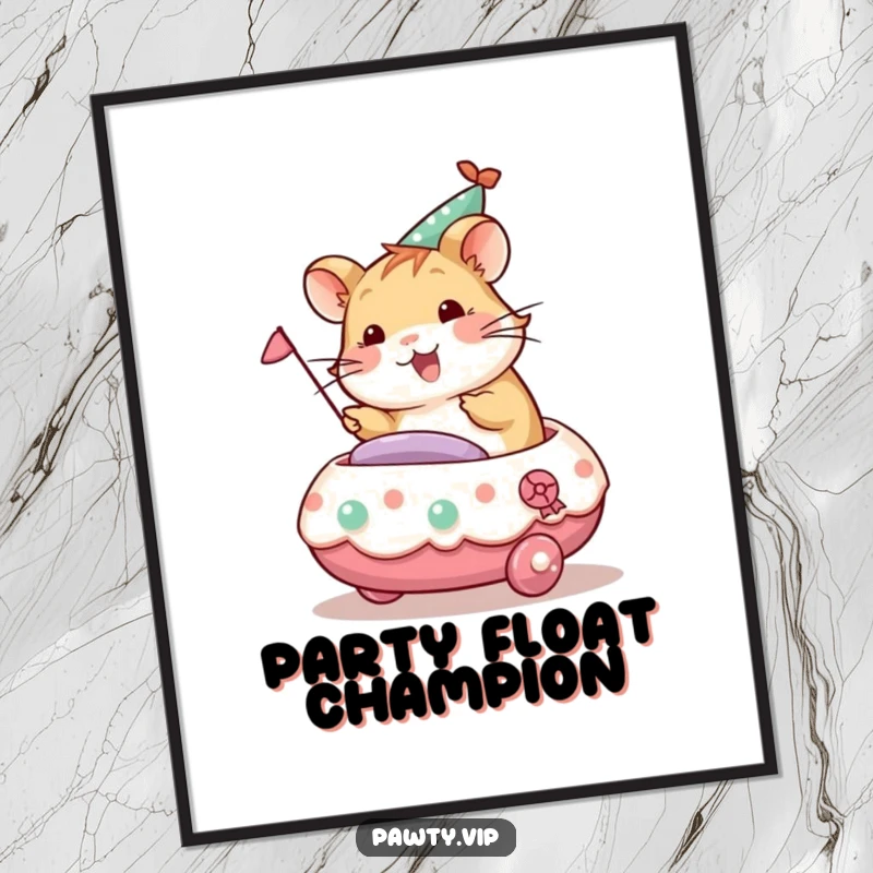 Cheerful hamster character riding a decorated party float, a humorous and vibrant celebration-themed art print.
