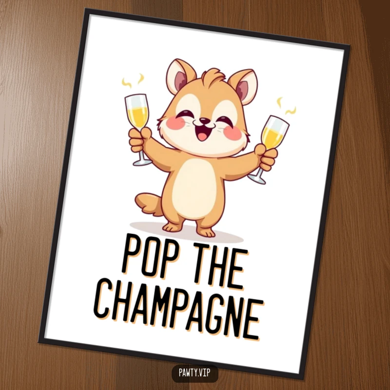 Funny animal artistically juggling champagne flutes with a happy expression, a celebratory and funny art print.