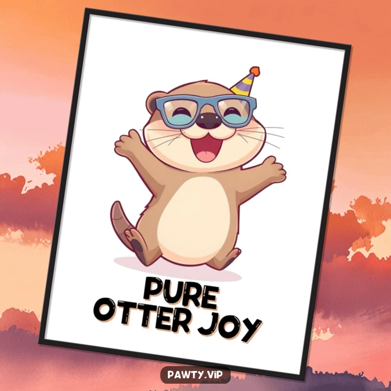 Funny Otter Poster showing a joyful otter wearing tiny party glasses, leaping with pure glee.