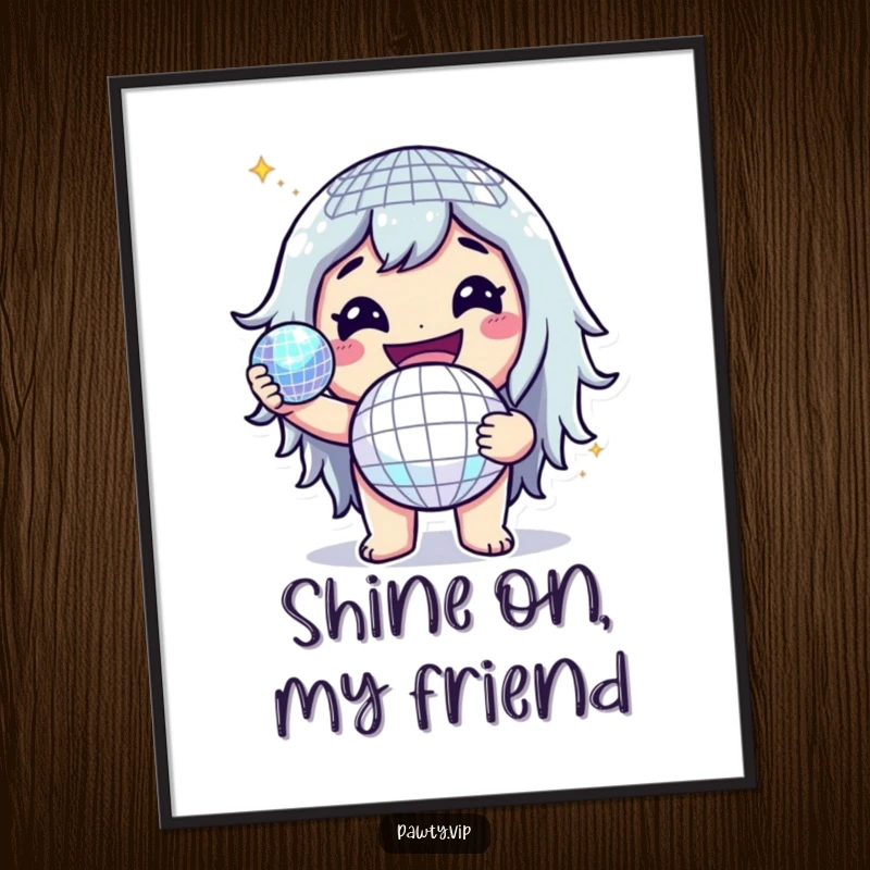 Funny poster of a cheerful character holding a glittering disco ball, radiating fun and festive party energy.