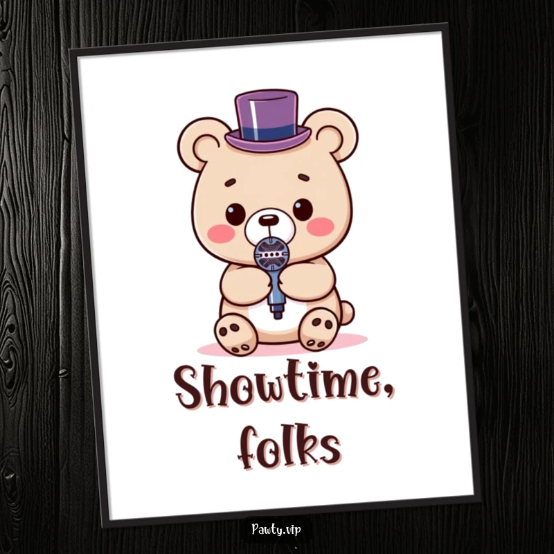 Funny Kawaii bear wearing a tiny top hat, holding a microphone on a poster, ideal for music decor.