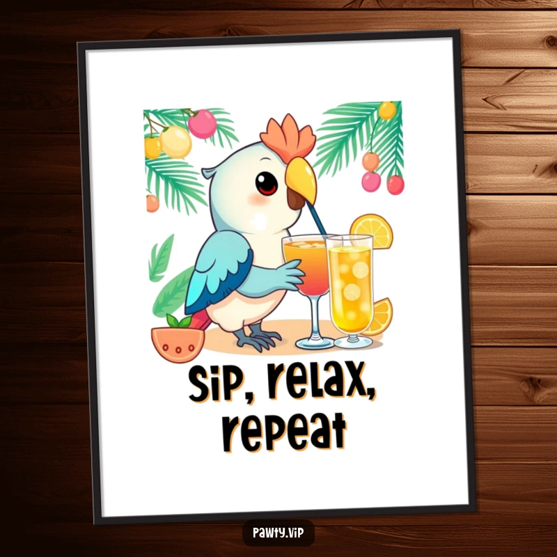 Funny Kawaii parrot poster art of an elegant parrot character enjoying a festive drink, perfect for adding tropical and cheerful decor.