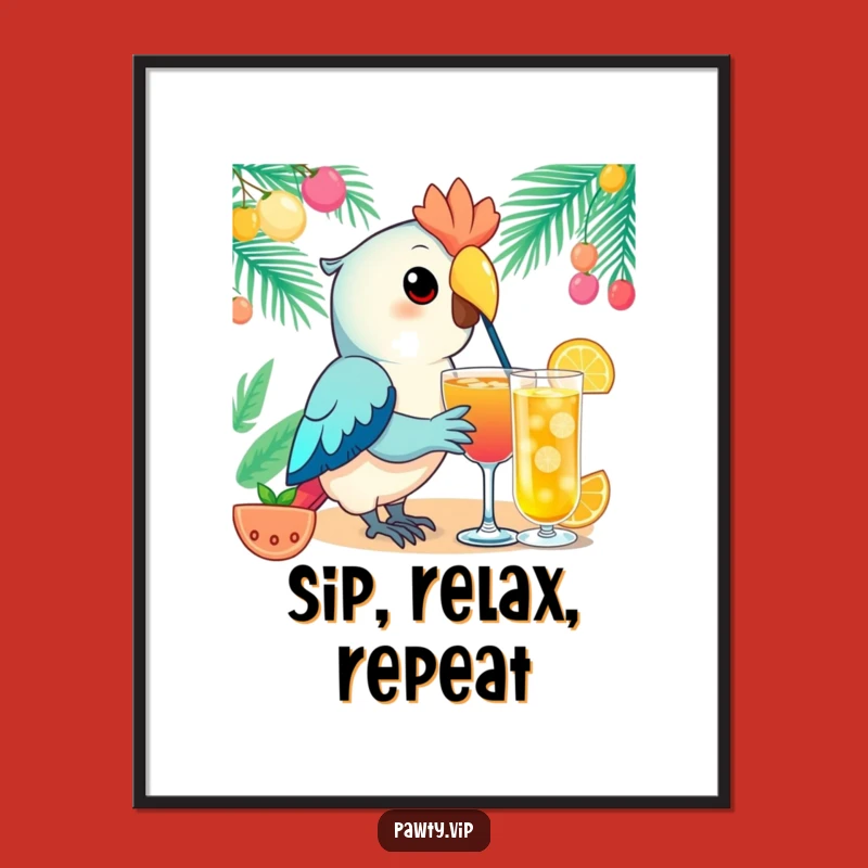 Funny Kawaii Parrot Poster: Festive Sips For Vibrant, Tropical Wall Art