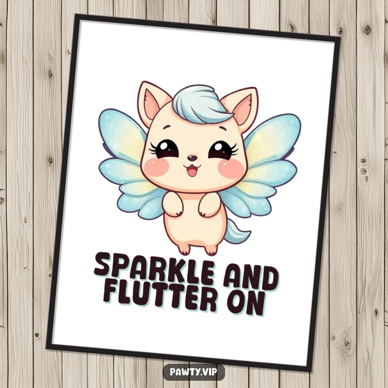 Funny Poster illustrating a cute animal with dazzling glittery wings, joyfully fluttering in motion. Whimsical and uplifting wall art.