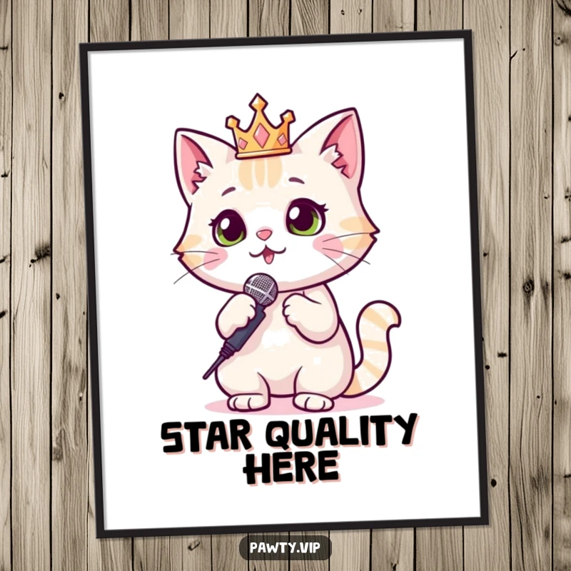 Funny Cat Poster of a cat wearing a sparkly crown and holding a microphone, exuding star power and musical charisma.