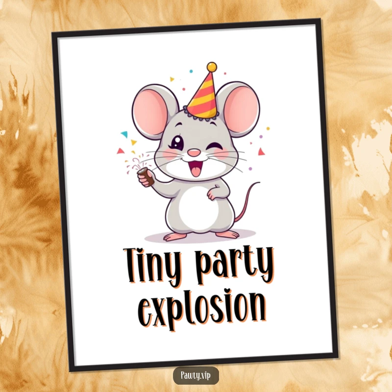 Funny mouse poster, a cheerful mouse firing a party popper with confetti exploding, festive wall art.