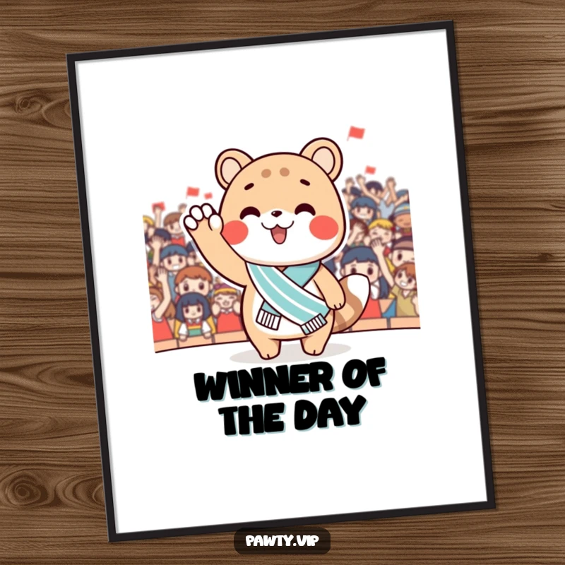 Funny Poster featuring a cute animal wearing a sash, waving to a jubilant cheering crowd. Motivational and humorous wall art.