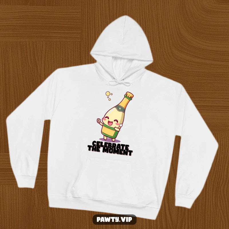Funny champagne bottle character popping its cork with a joyful expression, on a hoodie, perfect for staying warm during celebrations.