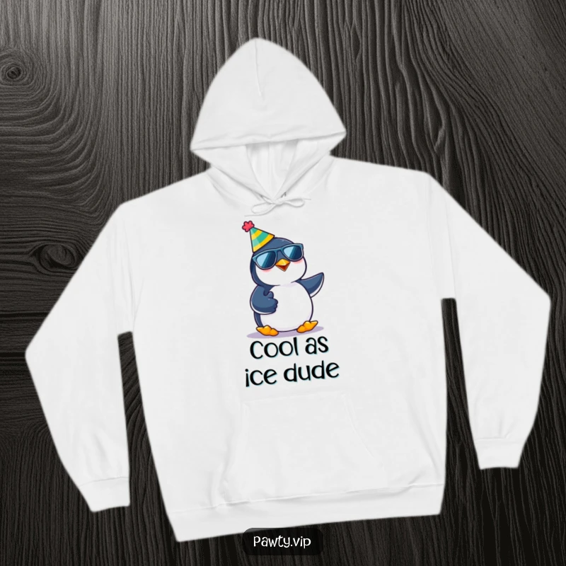 Funny kawaii penguin character in a party hat and sunglasses, giving a thumbs up, featured on a cozy hoodie for humorous comfort.