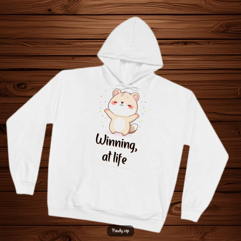 Funny animal hoodie, cozy and warm, with a character in a celebratory pose surrounded by tiny confetti, a perfect funny gift.