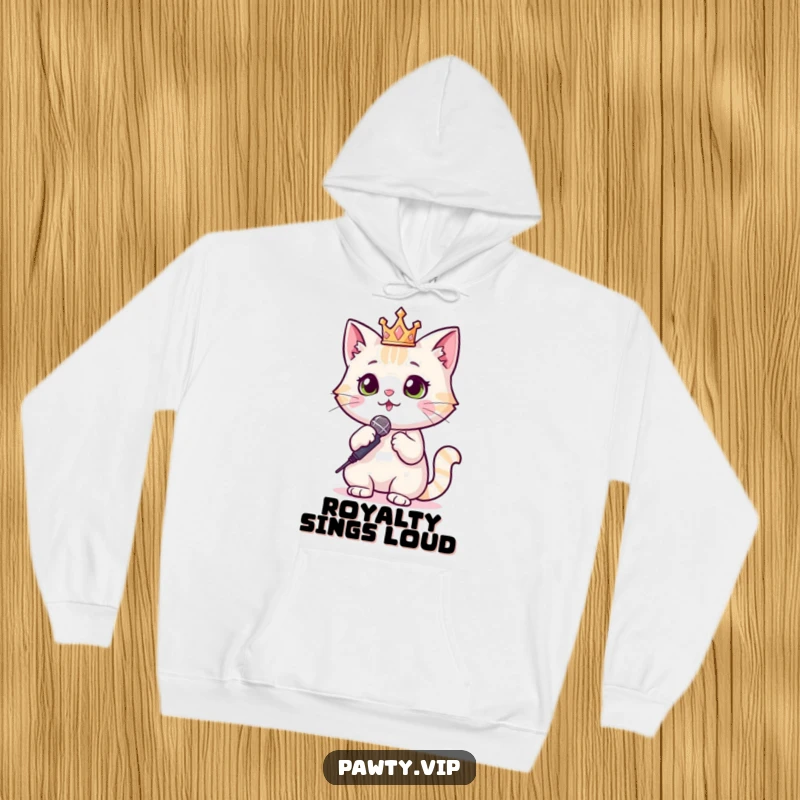 Funny Cat Hoodie featuring a regal cat with a sparkly crown and microphone, radiating star quality and coziness.