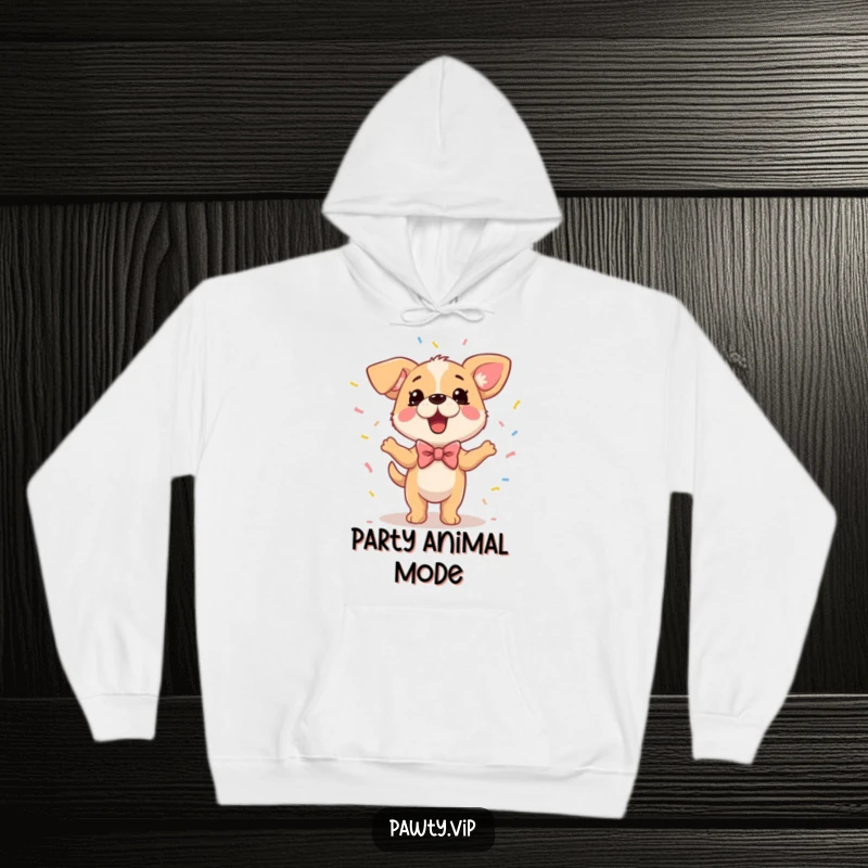 Funny Dog Hoodie featuring a dancing dog in a bowtie with confetti, offering warm party vibes and cheerful design.