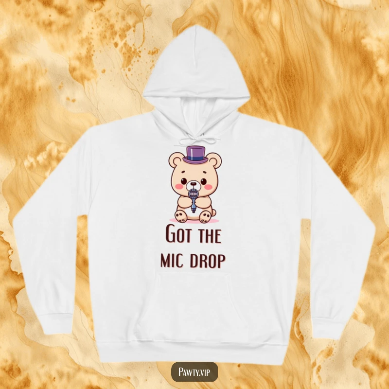 Funny Kawaii bear wearing a tiny top hat, holding a microphone on a cozy hoodie, perfect for singers.