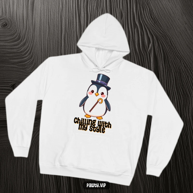 Funny hoodie with a stylish penguin character elegantly carrying a tiny top hat and cane, perfect for cozying up.