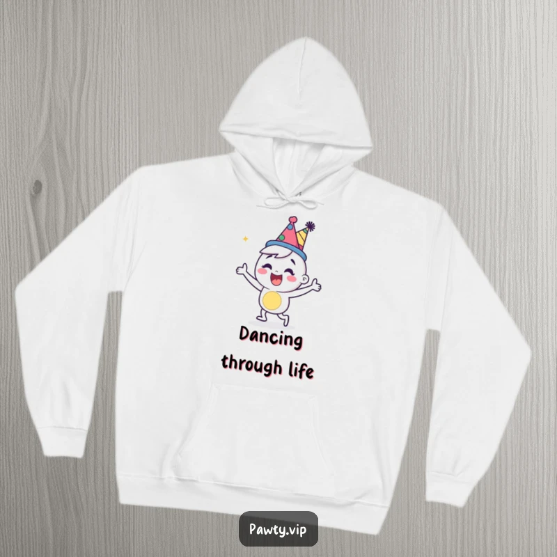 Happy cartoon character in a party hat, dancing energetically on a warm and comfortable hoodie.