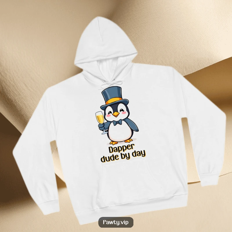 Fancy penguin character in a top hat, toasting with bubbly, embodying sophisticated celebration on this cozy hoodie.