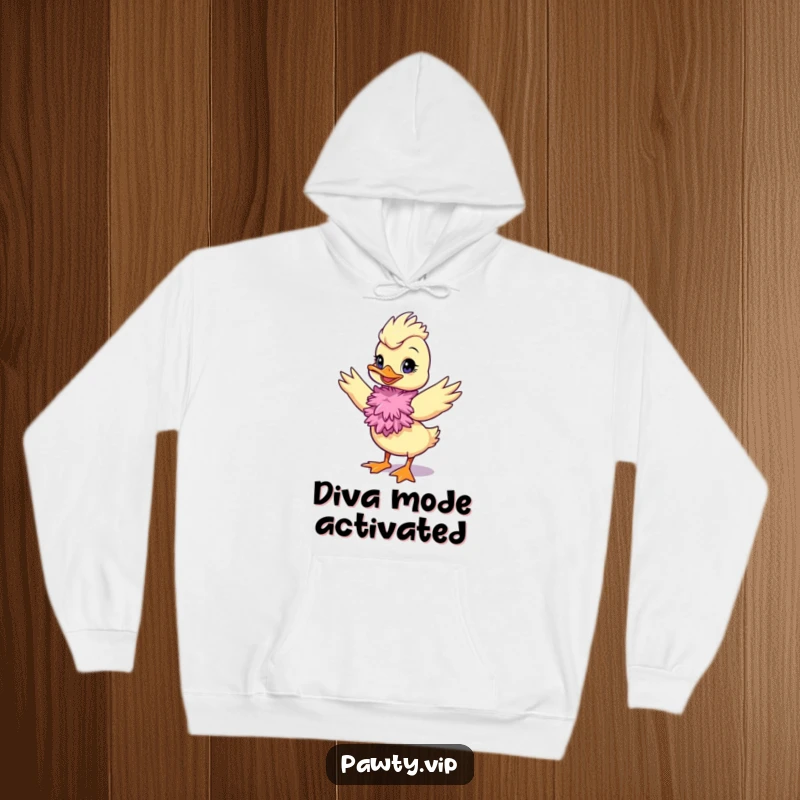 Funny duck diva hoodie with a feather boa, striking a pose for humorous, cozy glamour.