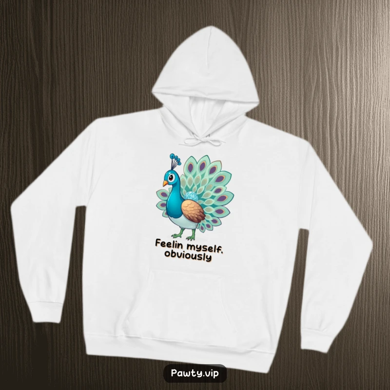 Funny Glitter Peacock Hoodie showcasing a glamorous bird fanning its tail with dazzling, iridescent glitter accents, perfect for warmth and style.
