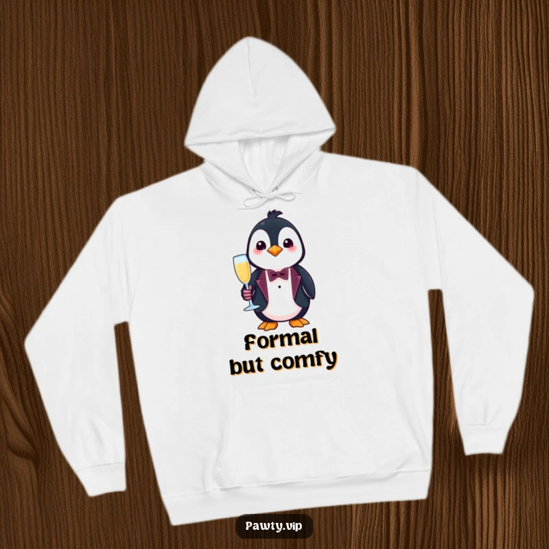 Funny penguin hoodie, a comfortable sweatshirt with a penguin in a small tuxedo with champagne.
