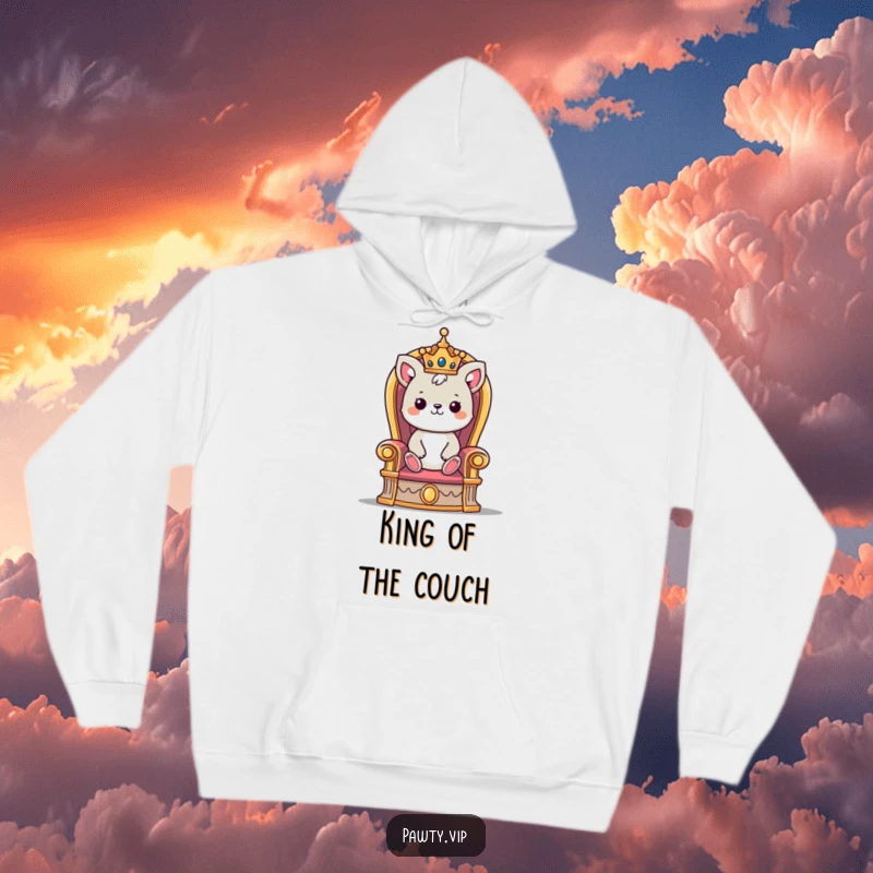 Funny hoodie featuring a regal cute animal character adorned with a small crown, majestically perched on a grand throne.