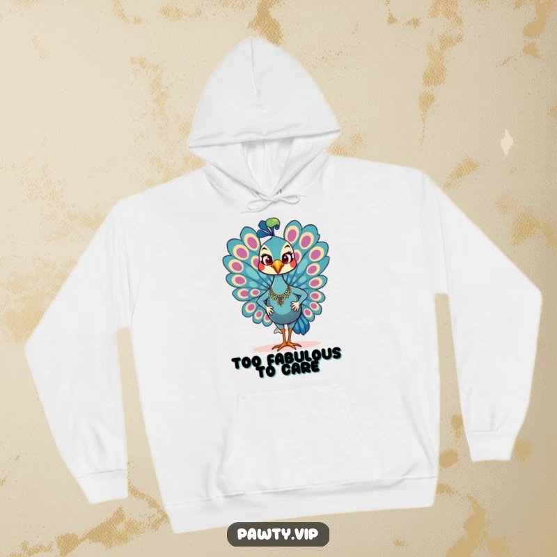 Funny Hoodie featuring a glamorous peacock strutting with swagger, its colorful plumage displayed proudly, exuding pure confidence.