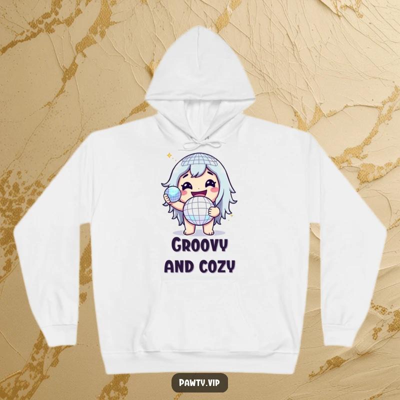 Funny hoodie featuring a cheerful character with a glittering disco ball, perfect for staying warm and stylishly groovy.