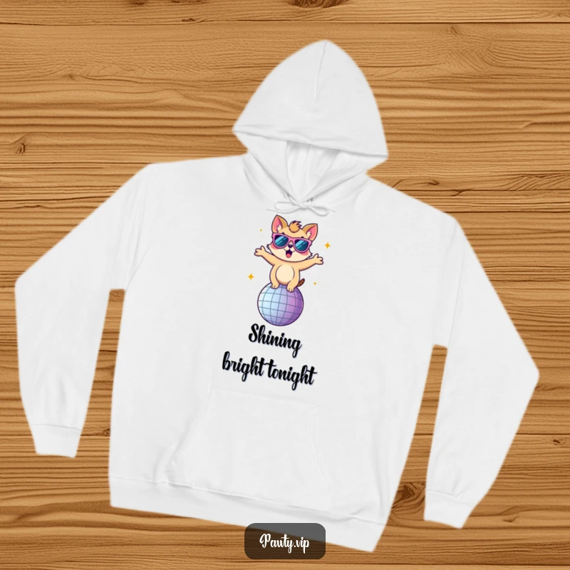 Funny hoodie featuring an animal character in large sunglasses, grooving enthusiastically on a dazzling disco ball.