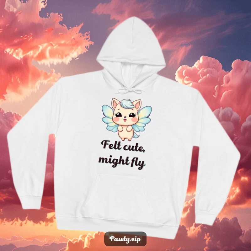 Funny Hoodie with a delightful animal adorned with glittery wings, depicted fluttering joyfully. Cozy apparel for expressing happiness.