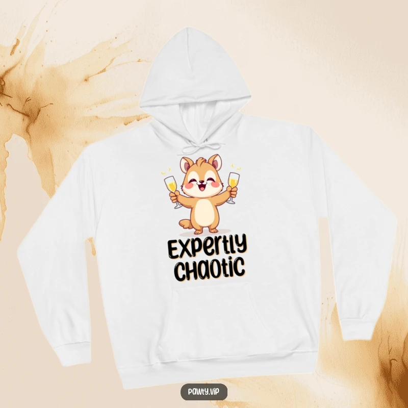Funny animal juggling champagne flutes with glee, a cozy and funny hoodie for party lovers.