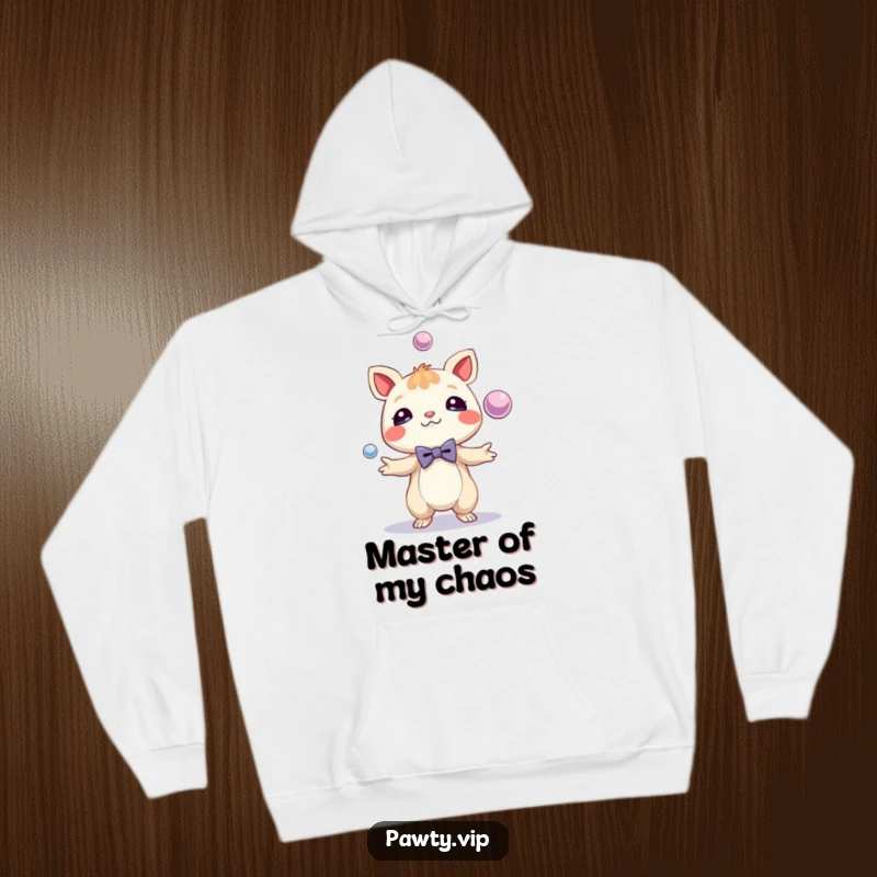 Funny Hoodie depicting a charming creature wearing a tiny bow tie, juggling shiny spheres with impressive skill. Warmth meets dapper humor.