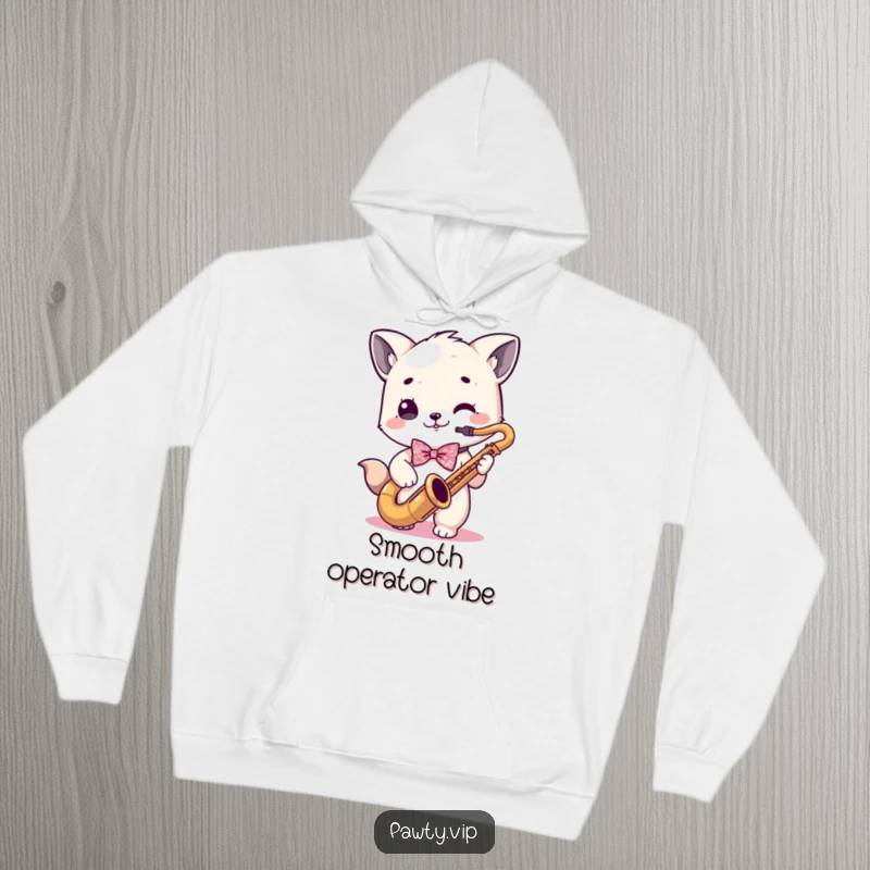 Funny kawaii animal character in a sparkly bowtie, playing a saxophone, looking dapper on a funny hoodie.