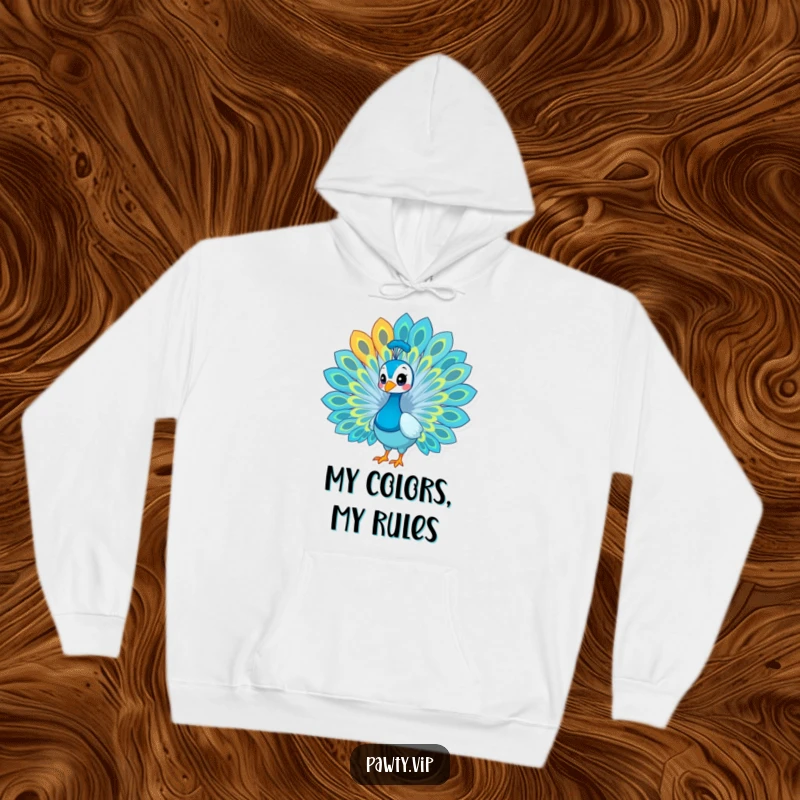 Funny peacock hoodie, a cozy sweatshirt featuring a proud peacock fanning its colorful train.